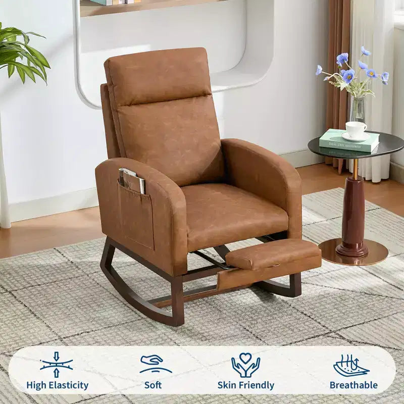Rocking Chair Nursery Chair with Foot Rest, Recliner Armchair with High Backrest& Wood Legs and Side Pocket for Living Room, Bedroom,Grey
