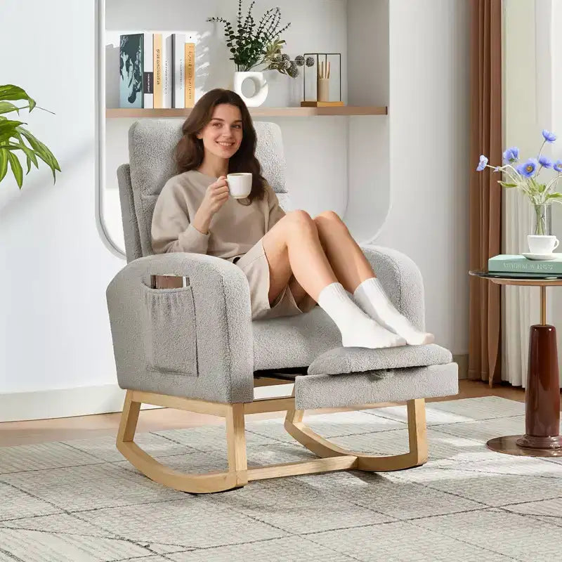Rocking Chair Nursery Chair with Foot Rest, Recliner Armchair with High Backrest& Wood Legs and Side Pocket for Living Room, Bedroom,Grey