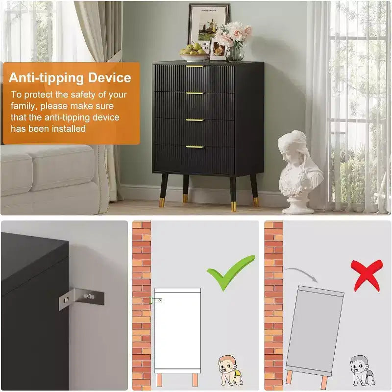 4-Drawer Dresser with Gold Metal Handles, Fluted Chest of Drawers for Bedroom, Living Room and Entryway