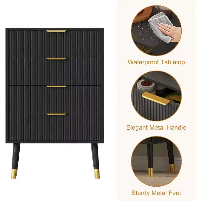4-Drawer Dresser with Gold Metal Handles, Fluted Chest of Drawers for Bedroom, Living Room and Entryway
