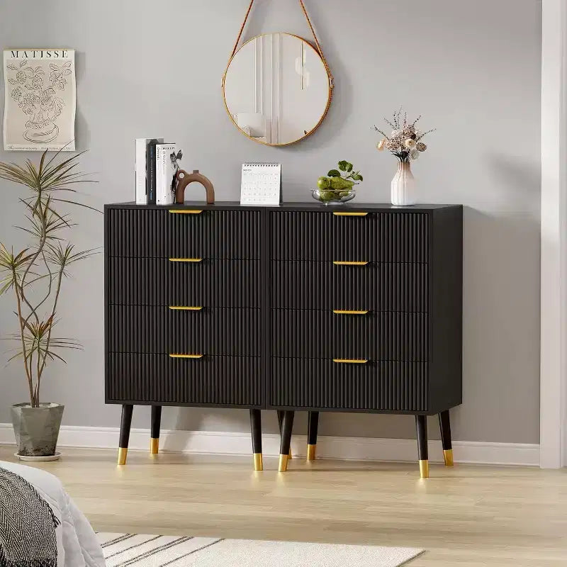 4-Drawer Dresser with Gold Metal Handles, Fluted Chest of Drawers for Bedroom, Living Room and Entryway