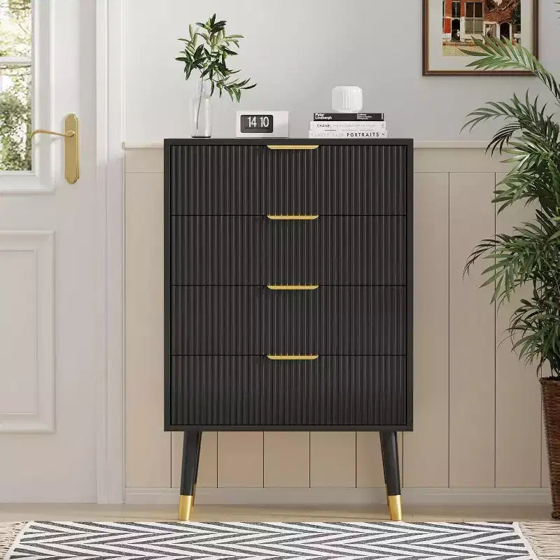 4-Drawer Dresser with Gold Metal Handles, Fluted Chest of Drawers for Bedroom, Living Room and Entryway