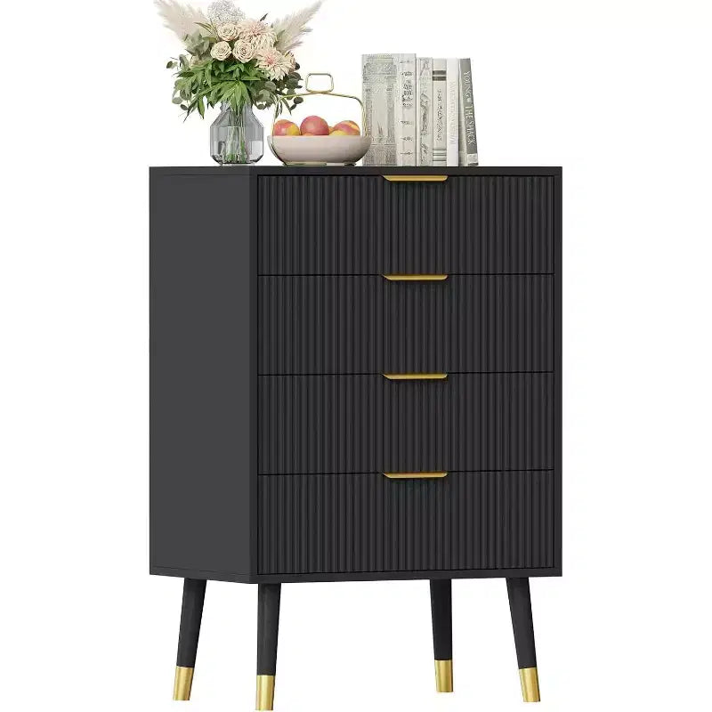 4-Drawer Dresser with Gold Metal Handles, Fluted Chest of Drawers for Bedroom, Living Room and Entryway