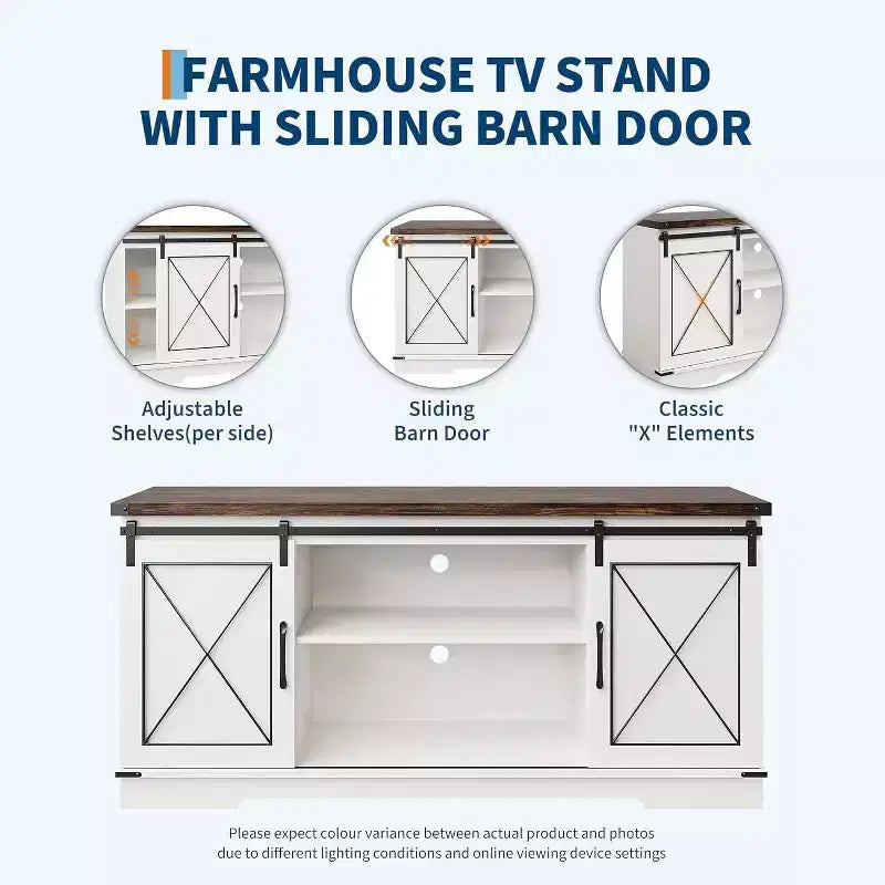 Farmhouse TV Stand and Entertainment Center for TV Up to 65 Inches with Sliding Barn Doors and Adjustable Shelf, for Living Room, Bedroom