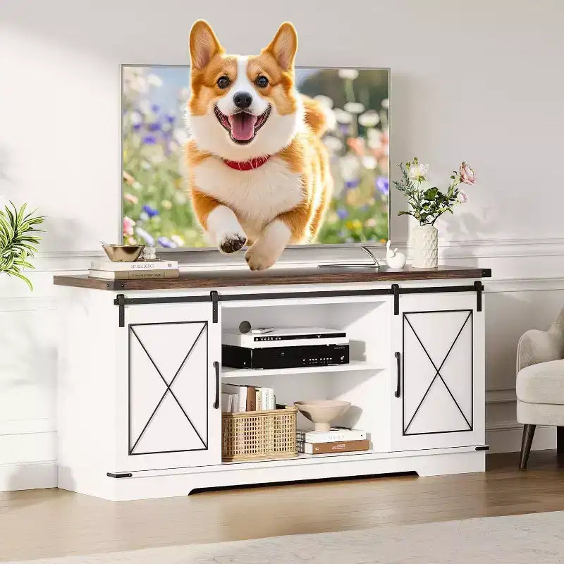 Farmhouse TV Stand and Entertainment Center for TV Up to 65 Inches with Sliding Barn Doors and Adjustable Shelf, for Living Room, Bedroom