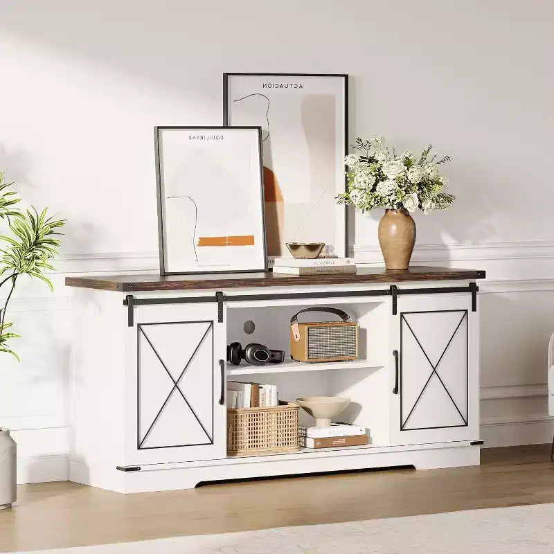 Farmhouse TV Stand and Entertainment Center for TV Up to 65 Inches with Sliding Barn Doors and Adjustable Shelf, for Living Room, Bedroom