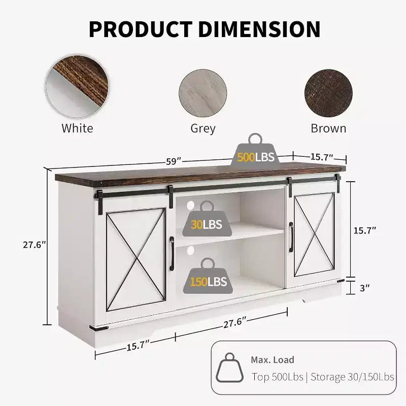 Farmhouse TV Stand and Entertainment Center for TV Up to 65 Inches with Sliding Barn Doors and Adjustable Shelf, for Living Room, Bedroom