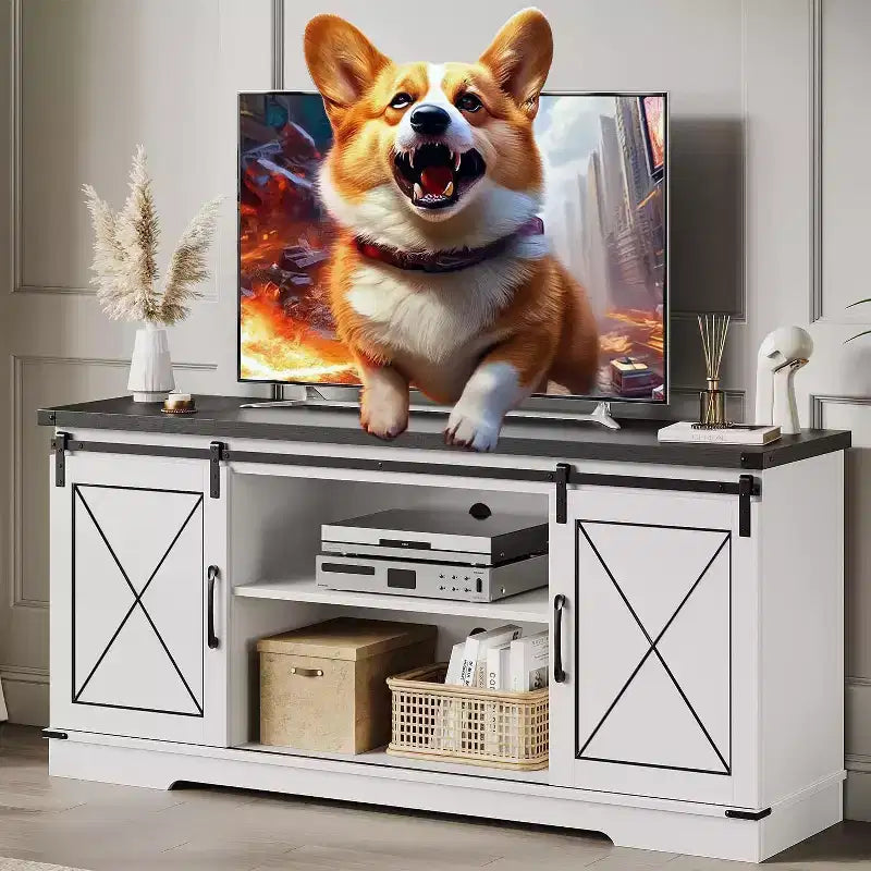 Farmhouse TV Stand and Entertainment Center for TV Up to 65 Inches with Sliding Barn Doors and Adjustable Shelf, for Living Room, Bedroom