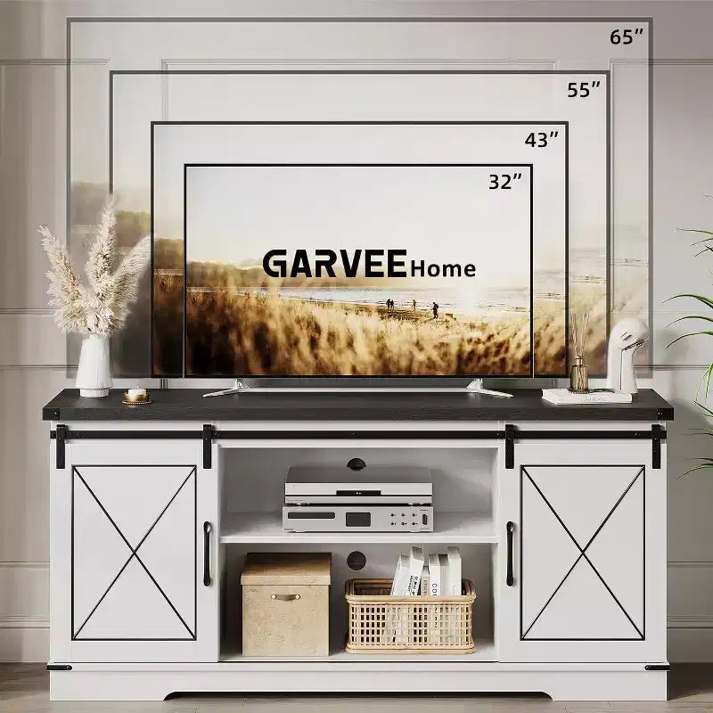 Farmhouse TV Stand and Entertainment Center for TV Up to 65 Inches with Sliding Barn Doors and Adjustable Shelf, for Living Room, Bedroom