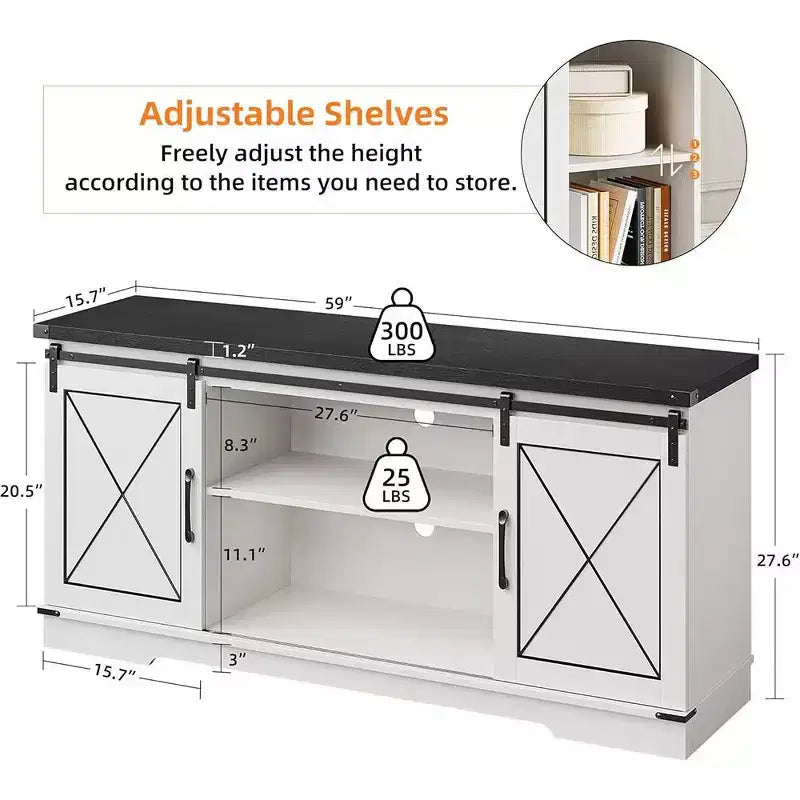 Farmhouse TV Stand and Entertainment Center for TV Up to 65 Inches with Sliding Barn Doors and Adjustable Shelf, for Living Room, Bedroom