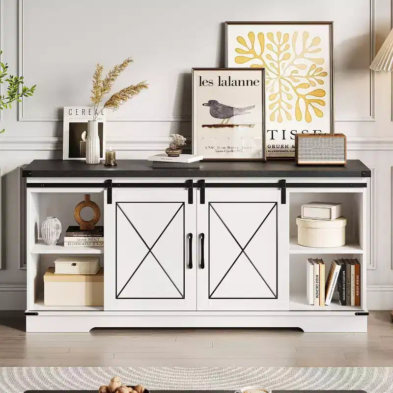 Farmhouse TV Stand and Entertainment Center for TV Up to 65 Inches with Sliding Barn Doors and Adjustable Shelf, for Living Room, Bedroom