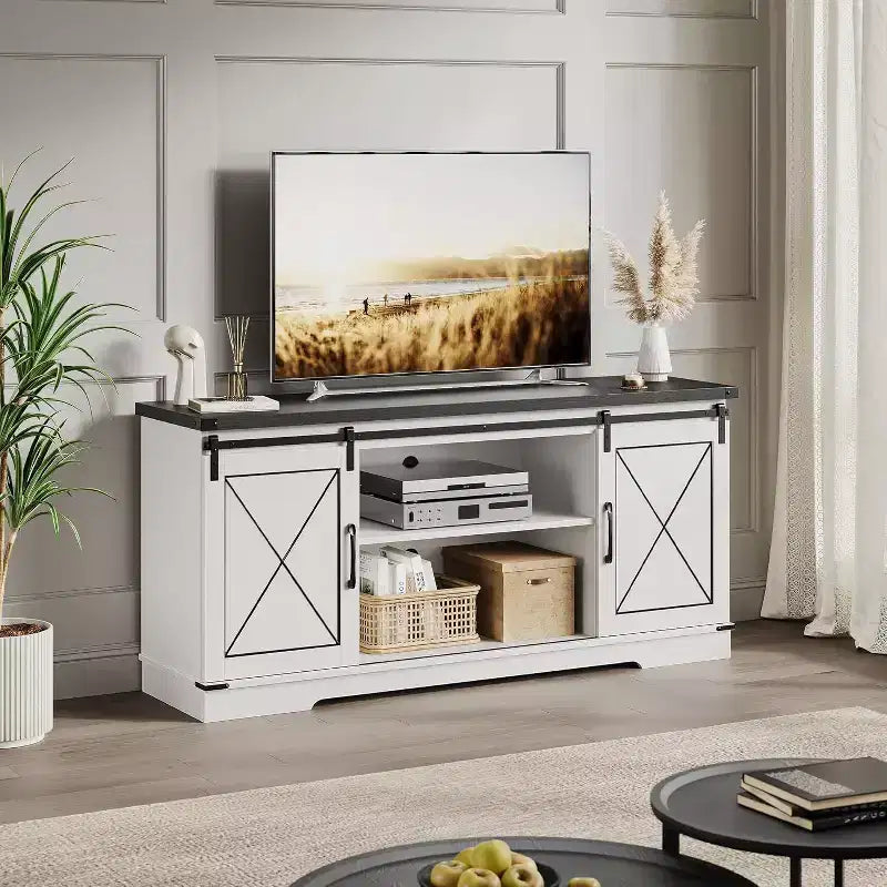 Farmhouse TV Stand and Entertainment Center for TV Up to 65 Inches with Sliding Barn Doors and Adjustable Shelf, for Living Room, Bedroom