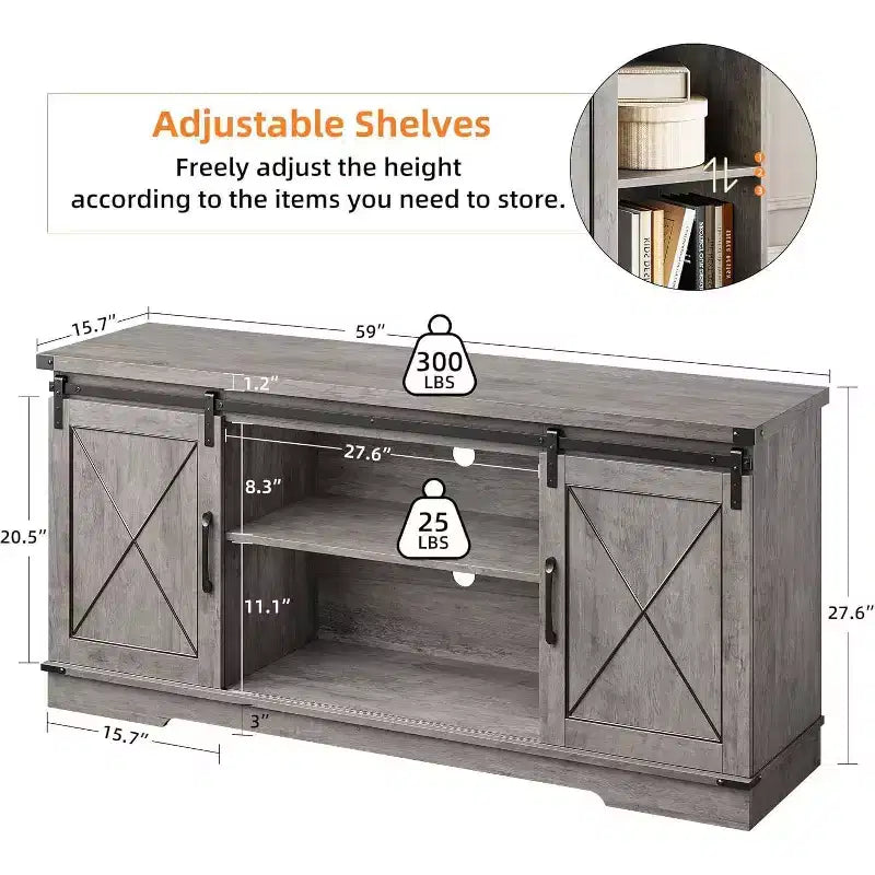 Farmhouse TV Stand and Entertainment Center for TV Up to 65 Inches with Sliding Barn Doors and Adjustable Shelf, for Living Room, Bedroom