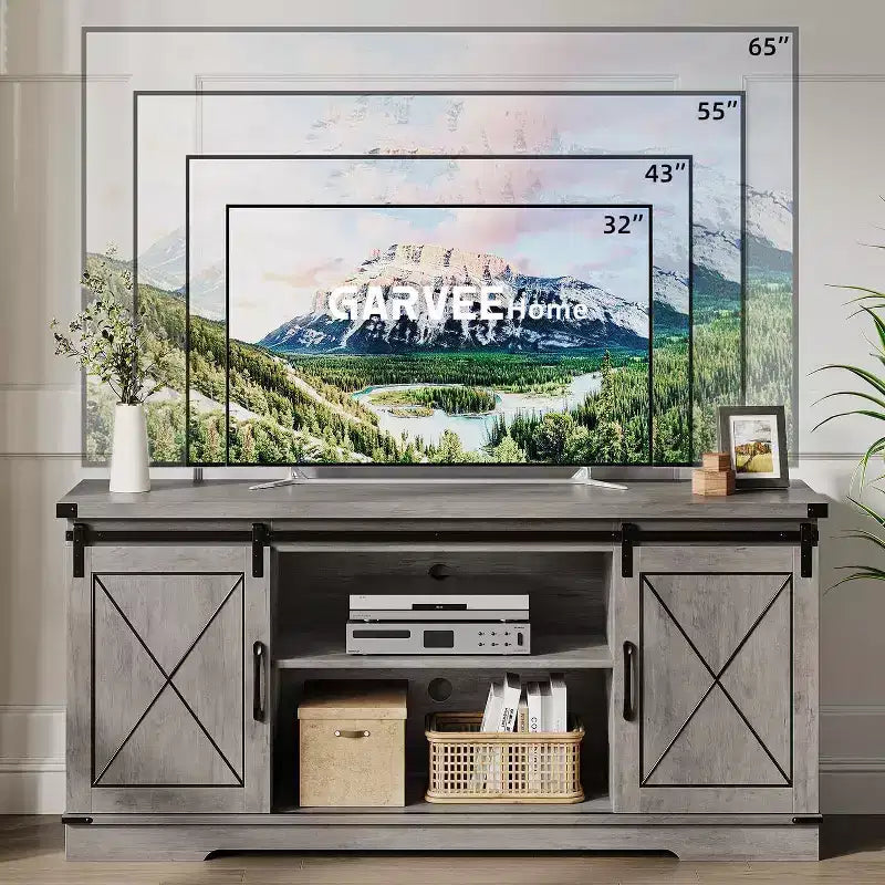 Farmhouse TV Stand and Entertainment Center for TV Up to 65 Inches with Sliding Barn Doors and Adjustable Shelf, for Living Room, Bedroom