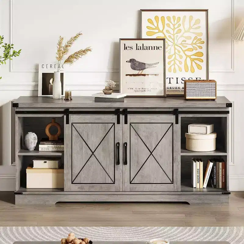 Farmhouse TV Stand and Entertainment Center for TV Up to 65 Inches with Sliding Barn Doors and Adjustable Shelf, for Living Room, Bedroom