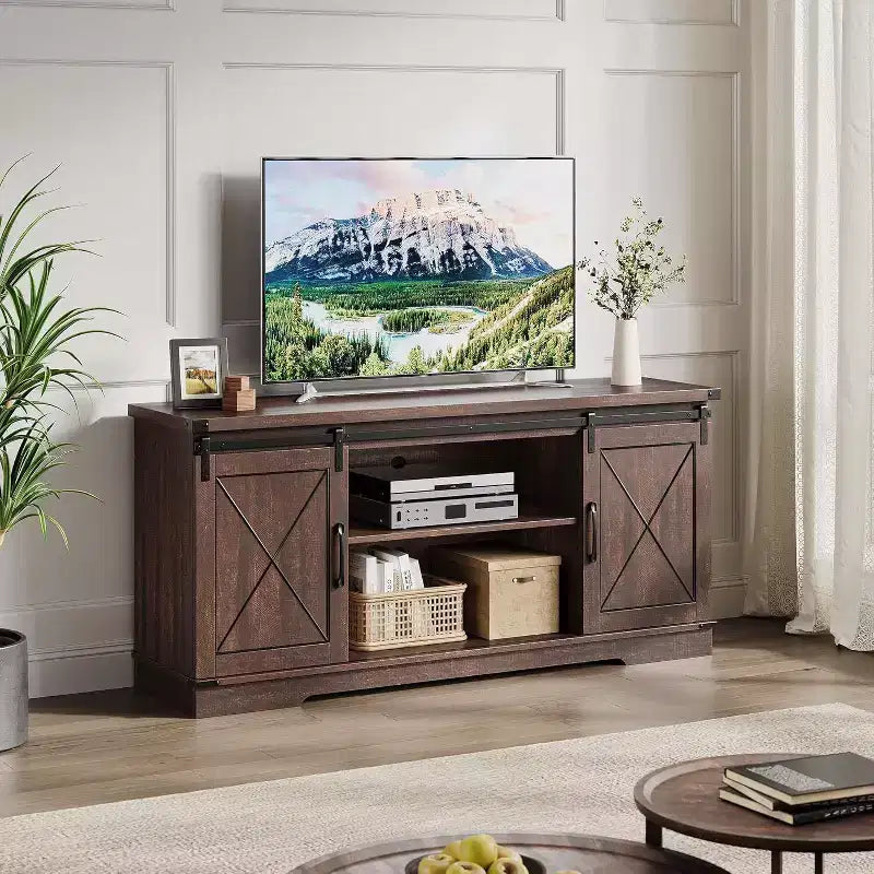 Farmhouse TV Stand and Entertainment Center for TV Up to 65 Inches with Sliding Barn Doors and Adjustable Shelf, for Living Room, Bedroom