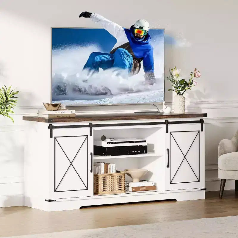 Farmhouse TV Stand and Entertainment Center for TV Up to 65 Inches with Sliding Barn Doors and Adjustable Shelf, for Living Room, Bedroom