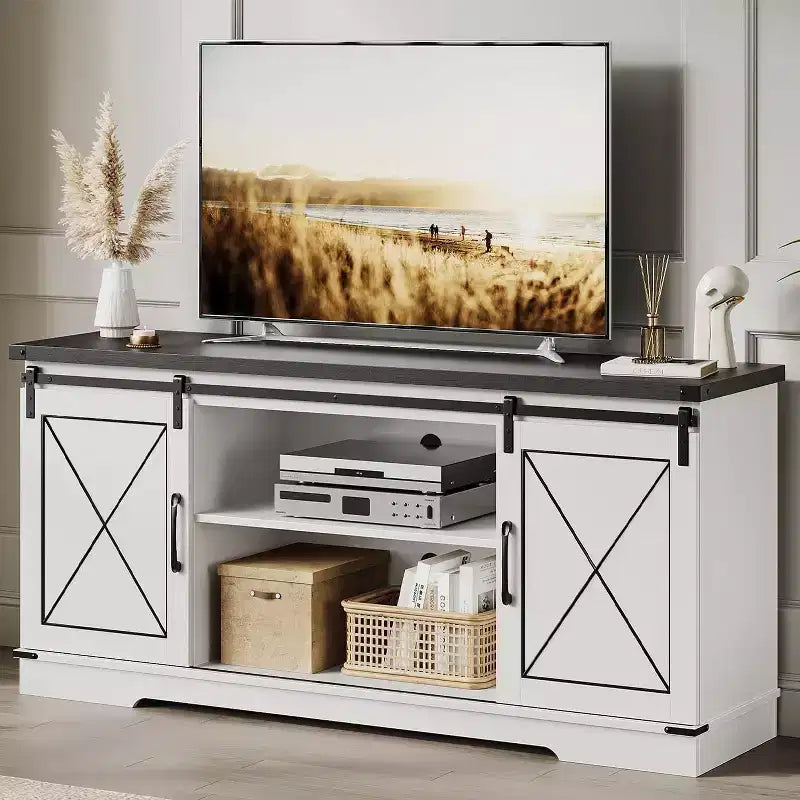 Farmhouse TV Stand and Entertainment Center for TV Up to 65 Inches with Sliding Barn Doors and Adjustable Shelf, for Living Room, Bedroom