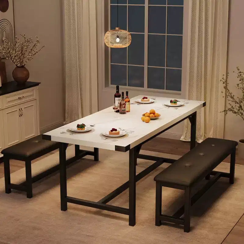 3-Piece Extendable Kitchen Table for 4-6 People with 2 Upholstered Benches - Marble White for Apartment Dining Room