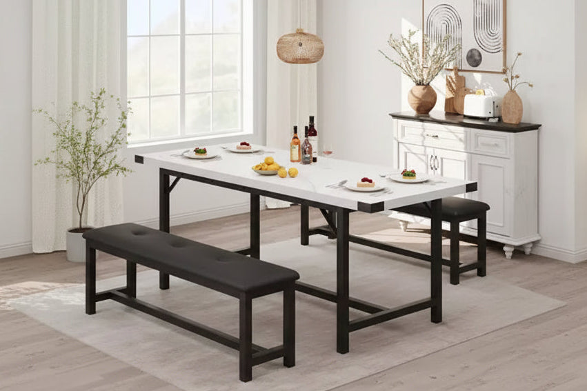 3-Piece Extendable Kitchen Table for 4-6 People with 2 Upholstered Benches - Marble White for Apartment Dining Room
