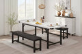 3-Piece Extendable Kitchen Table for 4-6 People with 2 Upholstered Benches - Marble White for Apartment Dining Room