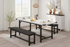 3-Piece Extendable Kitchen Table for 4-6 People with 2 Upholstered Benches - Marble White for Apartment Dining Room
