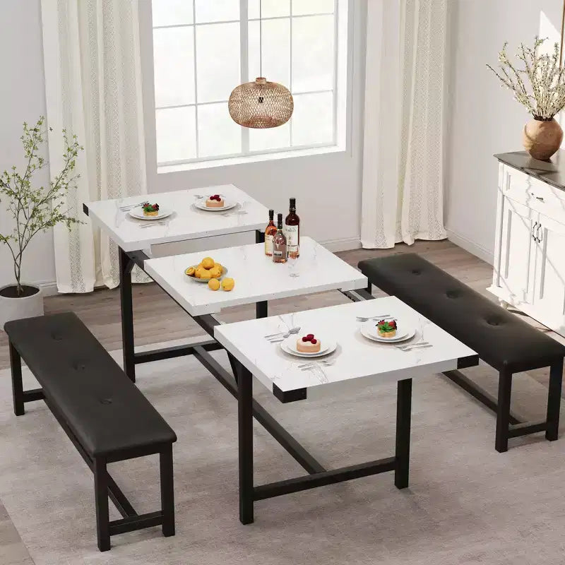 3-Piece Extendable Kitchen Table for 4-6 People with 2 Upholstered Benches - Marble White for Apartment Dining Room