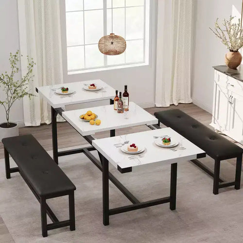 3-Piece Extendable Kitchen Table for 4-6 People with 2 Upholstered Benches - Marble White for Apartment Dining Room