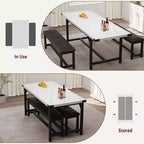 3-Piece Extendable Kitchen Table for 4-6 People with 2 Upholstered Benches - Marble White for Apartment Dining Room