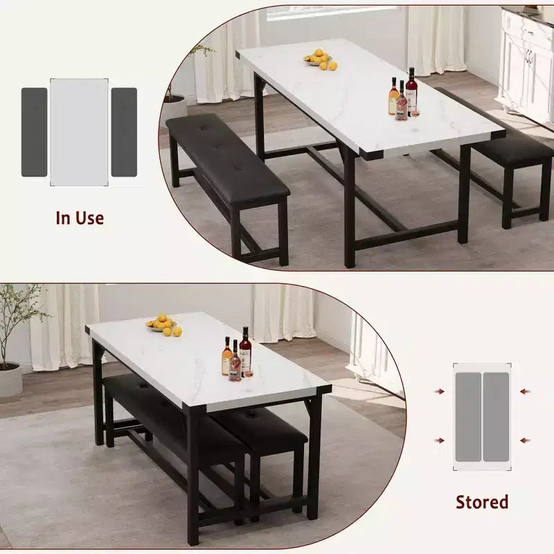 3-Piece Extendable Kitchen Table for 4-6 People with 2 Upholstered Benches - Marble White for Apartment Dining Room