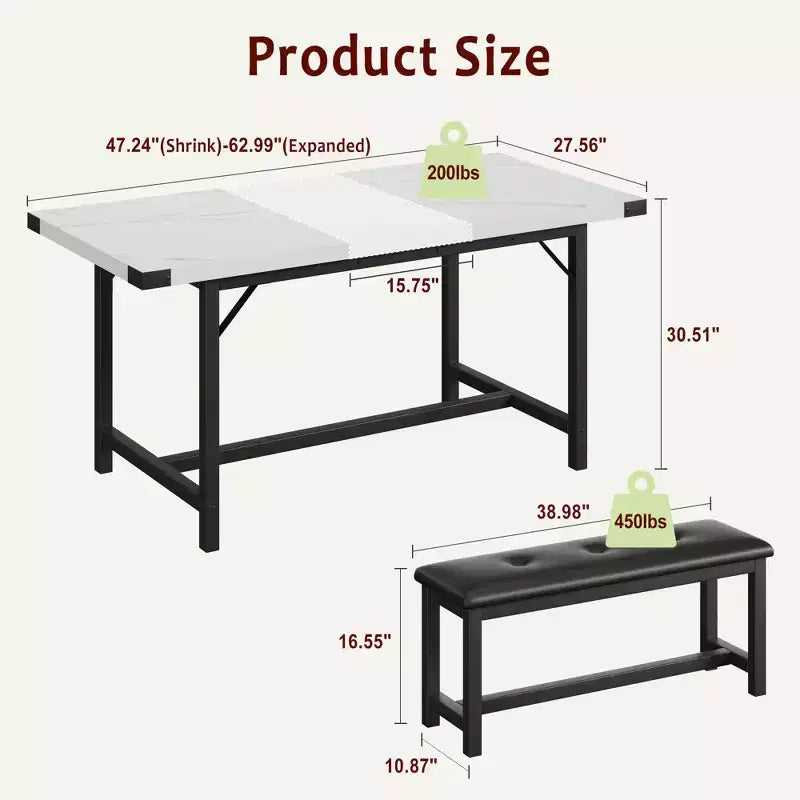 3-Piece Extendable Kitchen Table for 4-6 People with 2 Upholstered Benches - Marble White for Apartment Dining Room