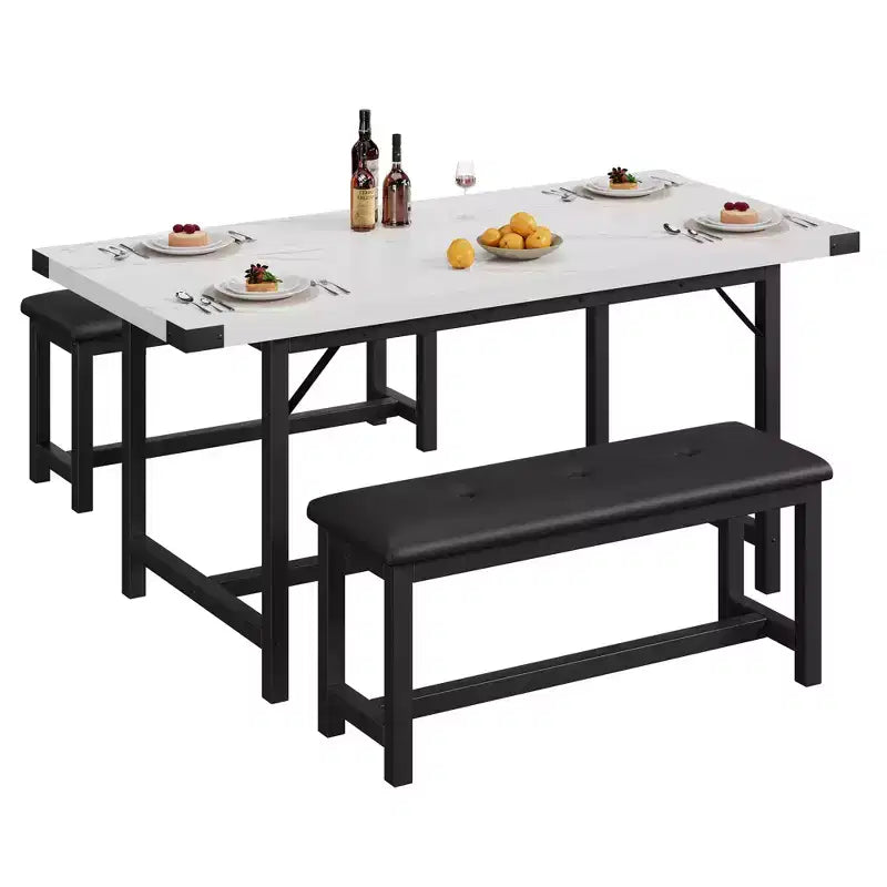 3-Piece Extendable Kitchen Table for 4-6 People with 2 Upholstered Benches - Marble White for Apartment Dining Room