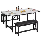 3-Piece Extendable Kitchen Table for 4-6 People with 2 Upholstered Benches - Marble White for Apartment Dining Room