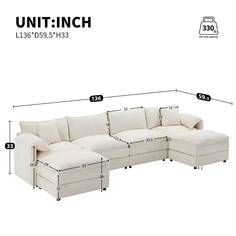 6-Piece Chenille U-Shaped Modular Sectional Sofa with Dual Ottomans and Double-Layer Cushions