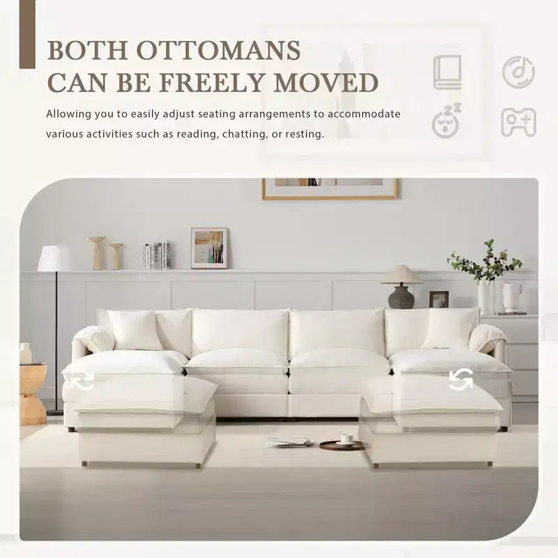 6-Piece Chenille U-Shaped Modular Sectional Sofa with Dual Ottomans and Double-Layer Cushions