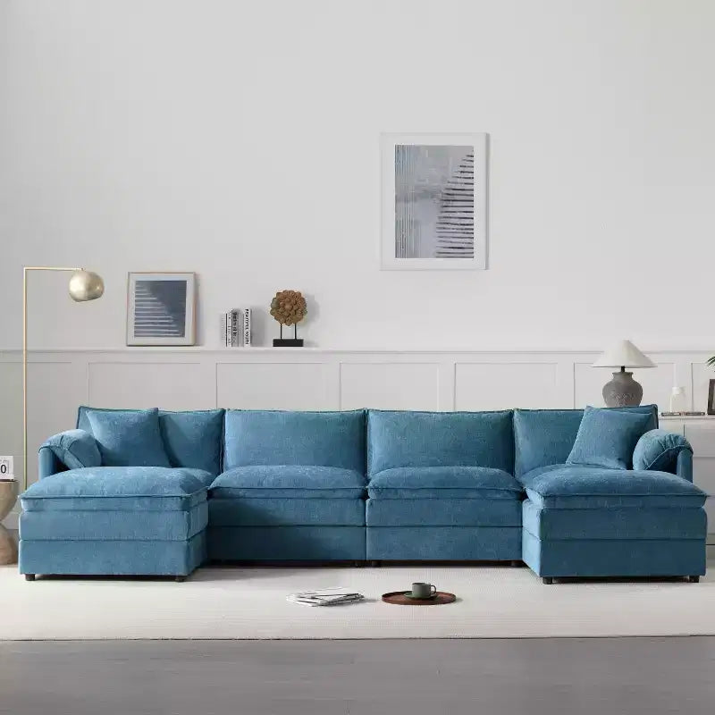 6-Piece Chenille U-Shaped Modular Sectional Sofa with Dual Ottomans and Double-Layer Cushions