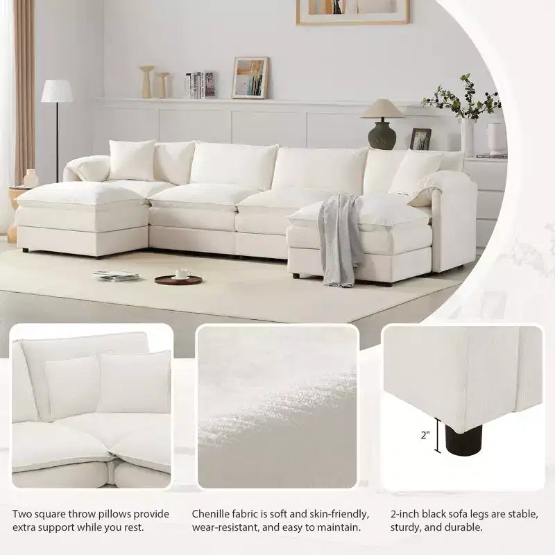 6-Piece Chenille U-Shaped Modular Sectional Sofa with Dual Ottomans and Double-Layer Cushions