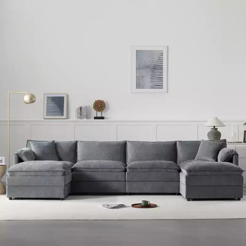 6-Piece Chenille U-Shaped Modular Sectional Sofa with Dual Ottomans and Double-Layer Cushions