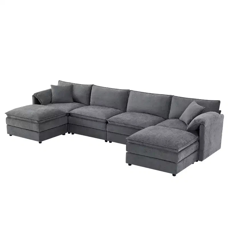 6-Piece Chenille U-Shaped Modular Sectional Sofa with Dual Ottomans and Double-Layer Cushions