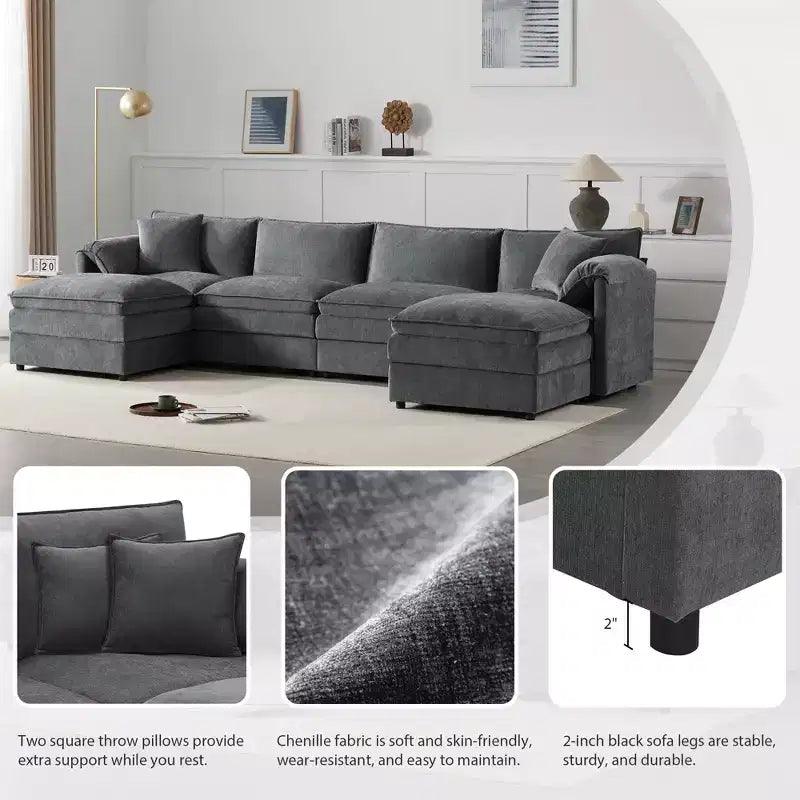 6-Piece Chenille U-Shaped Modular Sectional Sofa with Dual Ottomans and Double-Layer Cushions