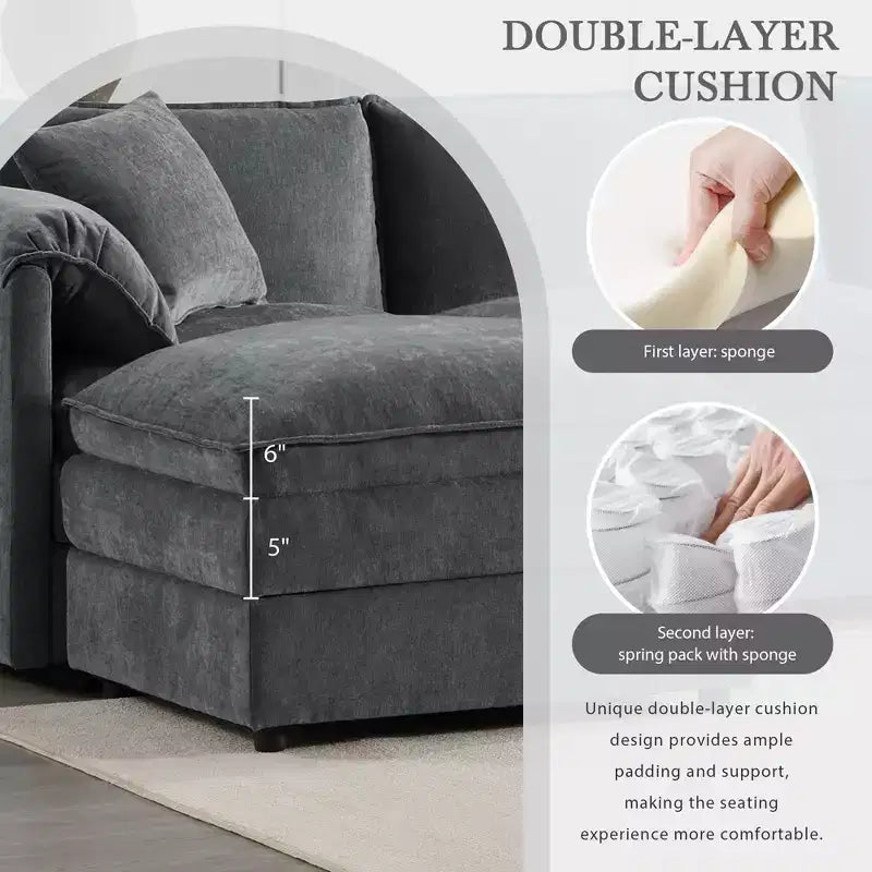 6-Piece Chenille U-Shaped Modular Sectional Sofa with Dual Ottomans and Double-Layer Cushions