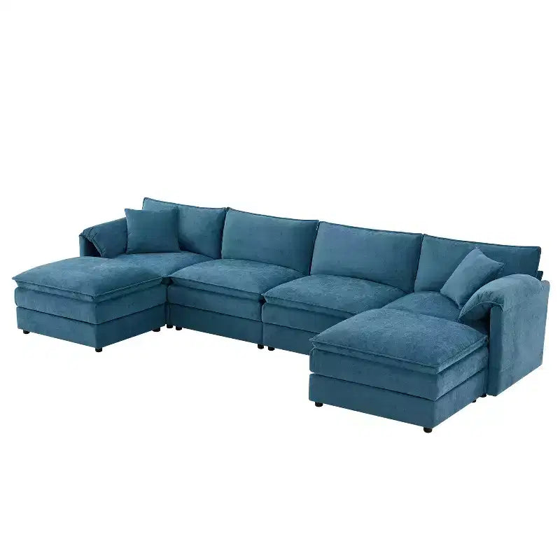 6-Piece Chenille U-Shaped Modular Sectional Sofa with Dual Ottomans and Double-Layer Cushions