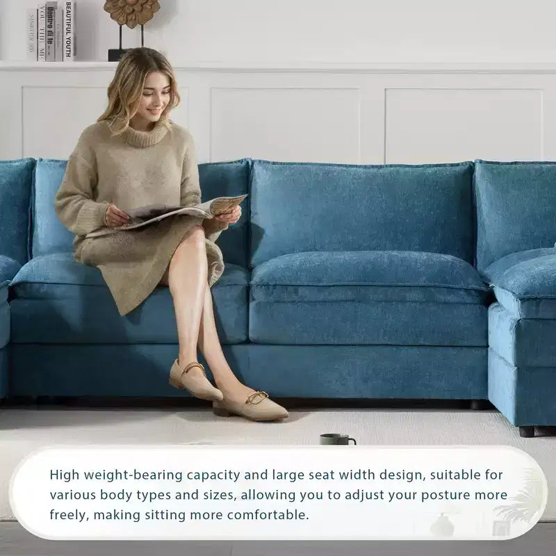6-Piece Chenille U-Shaped Modular Sectional Sofa with Dual Ottomans and Double-Layer Cushions