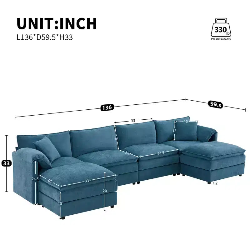 6-Piece Chenille U-Shaped Modular Sectional Sofa with Dual Ottomans and Double-Layer Cushions