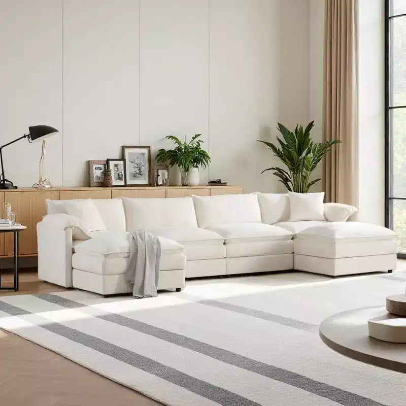 6-Piece Chenille U-Shaped Modular Sectional Sofa with Dual Ottomans and Double-Layer Cushions