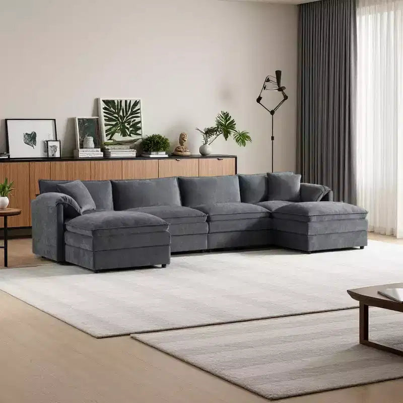 6-Piece Chenille U-Shaped Modular Sectional Sofa with Dual Ottomans and Double-Layer Cushions