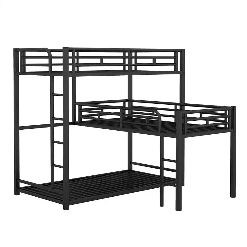 Metal Bunk Bed for 3 Kids, L-Shaped Twin Size Triple Bunk Bed Frame, 3 Beds Bunk Bed for Kids Teens Adults, Black