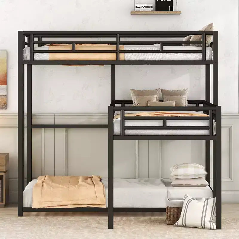 Metal Bunk Bed for 3 Kids, L-Shaped Twin Size Triple Bunk Bed Frame, 3 Beds Bunk Bed for Kids Teens Adults, Black