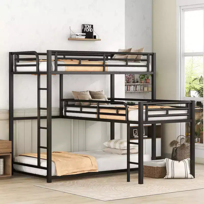 Metal Bunk Bed for 3 Kids, L-Shaped Twin Size Triple Bunk Bed Frame, 3 Beds Bunk Bed for Kids Teens Adults, Black