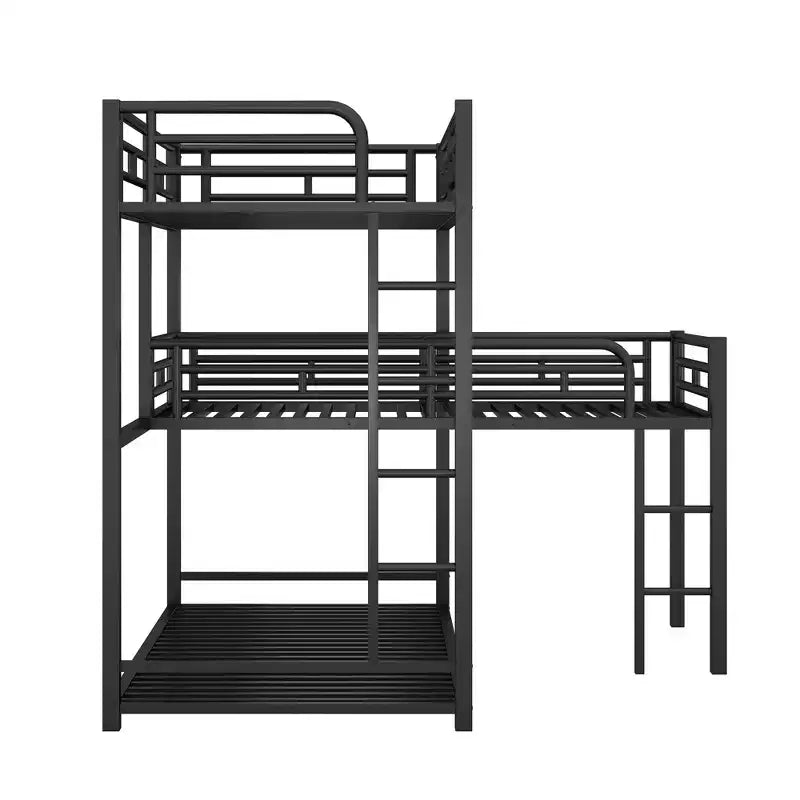 Metal Bunk Bed for 3 Kids, L-Shaped Twin Size Triple Bunk Bed Frame, 3 Beds Bunk Bed for Kids Teens Adults, Black